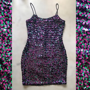 Robe de cocktail vintage violet vert magenta à sequins pour Mardi Gras - Taille S
