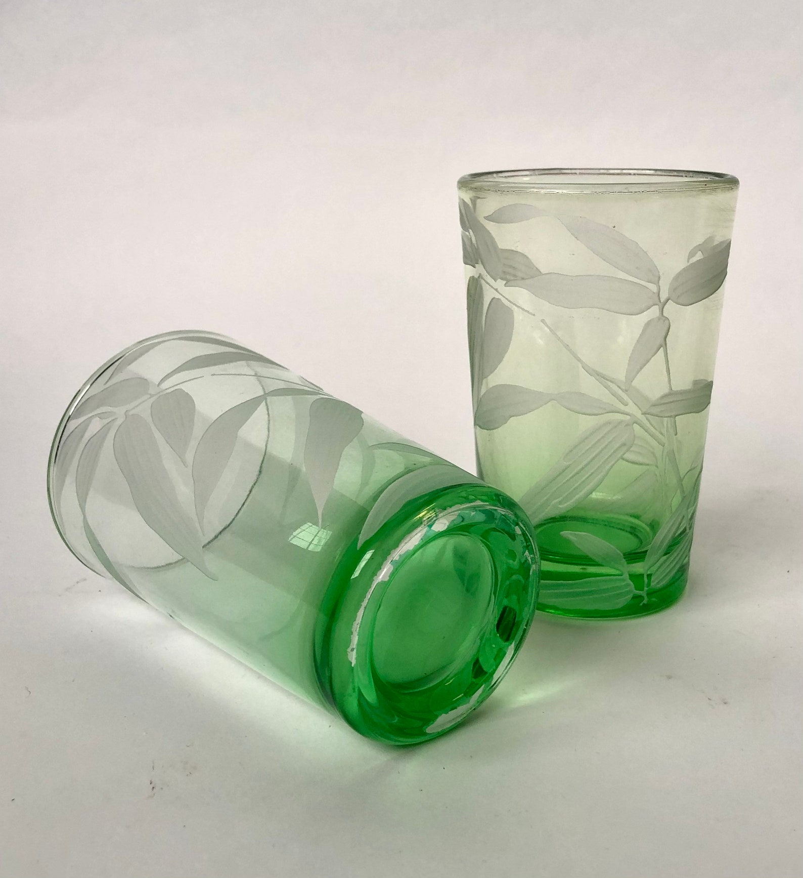 Vintage Bamboo Etched Green Drinking Glasses Set of 2 Etsy