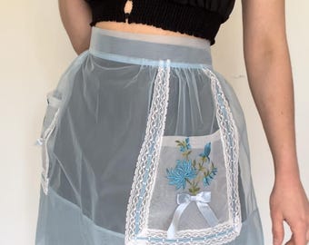 Vintage Blue and White Sheer Floral Embroidered Apron
