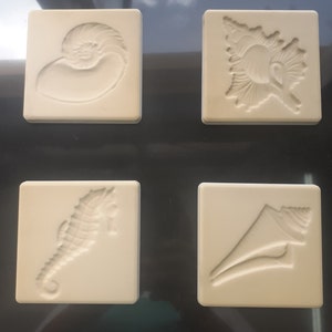 May include: Four white ceramic tiles with raised images of seashells. The tiles feature a nautilus shell, a conch shell, a seahorse, and a cone shell.