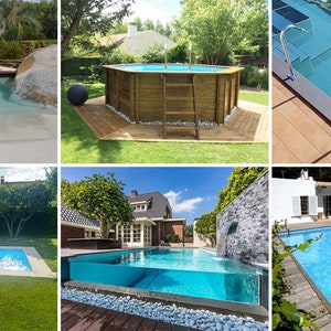 May include: A collage of six different backyard swimming pools. The pools are all different shapes and sizes, and some have features like waterfalls and fountains. The pools are surrounded by lush greenery and landscaping.
