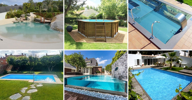 May include: A collage of six different backyard swimming pools. The pools are all different shapes and sizes, and some have features like waterfalls and fountains. The pools are surrounded by lush greenery and landscaping.