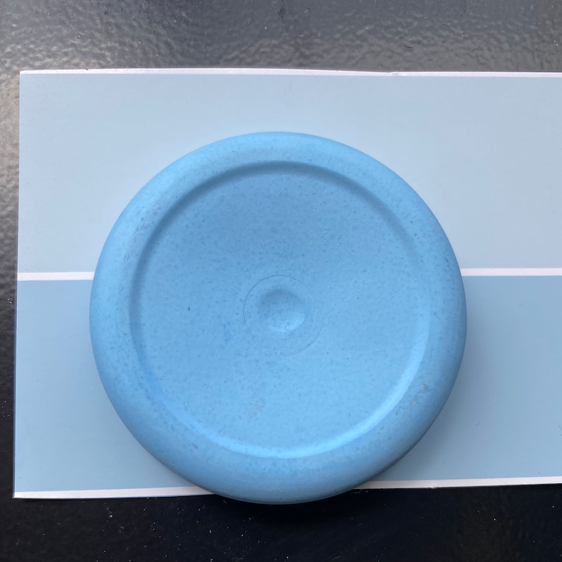 May include: A light blue round disc with a textured surface.