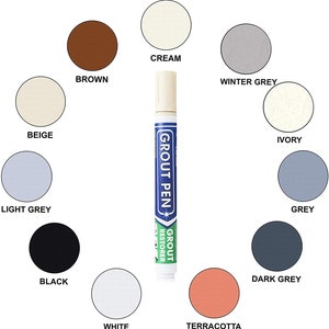 May include: A grout pen with a blue and white label that says "Grout Pen" and "Grout Restorer". The pen is surrounded by 12 color swatches, including beige, cream, brown, winter grey, light grey, black, white, terracotta, ivory, grey, and dark grey.