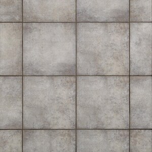 May include: A close-up of a grey tiled floor with grout lines. The tiles are square and have a slightly textured surface.