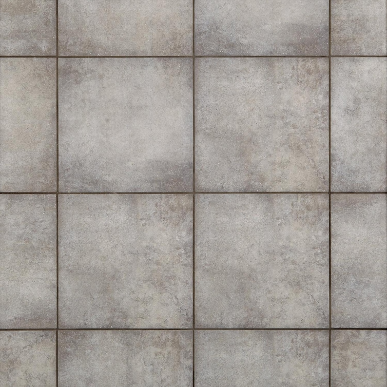 May include: A close-up of a grey tiled floor with grout lines. The tiles are square and have a slightly textured surface.