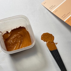 May include: A small container of brown paint with a dab of the same paint on a black paintbrush. The paint is labeled "SW 6633 Inventive Orange" on a paint color chart.