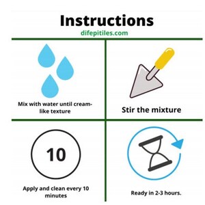 May include: Instructions for mixing and applying a product. The image shows a blue water drop icon, a trowel icon, a number 10 in a circle, and an hourglass icon. The text reads: Mix with water until cream-like texture, Stir the mixture, Apply and clean every 10 minutes, Ready in 2-3 hours.