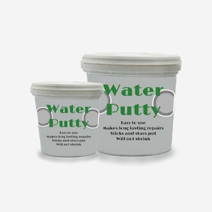 May include: Two white plastic buckets of water putty. The larger bucket has the text "Water Putty" in green letters with a gray circle on either side of the text. The smaller bucket has the same text and design. Both buckets have instructions for use: "Easy to use, Makes long lasting repairs, Sticks and stays put, Will not shrink."