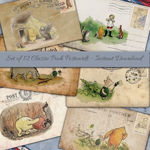 Cartes postales imprimables classiques de Winnie l'ourson - illustrations vintage - téléchargement numérique - lot de 12 illustrations E H Shepard