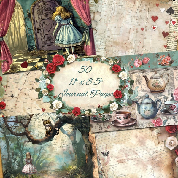 Alice in Wonderland Junk Journal Kit, 50 Page Digital Download,Rich Fantasy colours, Printable Scrapbooking,Journaling Craft Papers, prompts