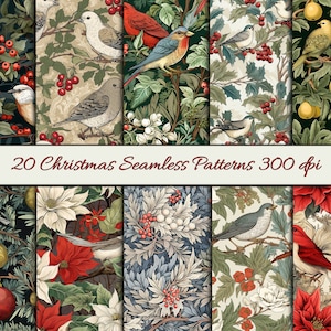 Conceptions numériques sans couture de Noël inspirées par William Morris - papier de scrapbooking imprimable motif répétitif - journal de Noël