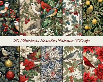 Christmas Digital Seamless  Designs inspired by William Morris - Repeating Pattern Printable Scrapbook Paper- Christmas Journaling