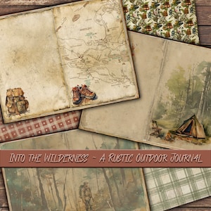May include: A rustic outdoor journal with a map, a forest scene, and a plaid pattern. The journal cover features the text "Into the Wilderness - A Rustic Outdoor Journal".