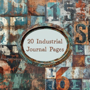 Papéis de fundo industrial vintage Rust Patina - Pacote digital gasto - Desenhos geométricos desgastados com letras e números de bloco industrial