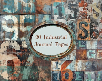 May include: A collage of rusty metal numbers and letters with a white oval in the center. The oval has the text "20 Industrial Journal Pages" in black.