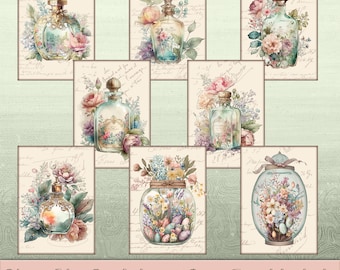 Vintage Floral Perfume  Jars Ephemera Cards for Junk Journaling