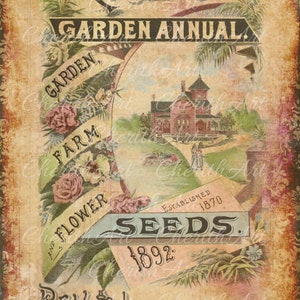 Puede incluir: Anuncio de estilo vintage para Pole's Garden Annual, con una casa con un jard&iacute;n y el texto "Garden, Farm, and Flower Seeds. Established 1870. 1892. Pella, Iowa."