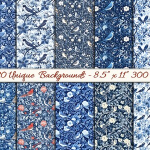 Designs digitais sem costura em azul de inverno inspirados por William Morris - Papel para scrapbook com padrão repetido para impressão - Diário de Natal