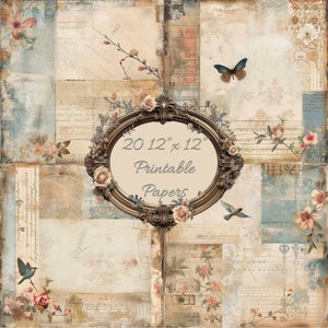 Elegante juego de papeles digitales botánicos con escritura vintage: fondos imprimibles de diario Shabby Chic para álbumes de recortes y manualidades: papeles de soporte