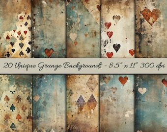 May include: 20 unique grunge backgrounds featuring playing card symbols in red, black, and blue on a distressed, textured background. The backgrounds are 8.5 inches by 11 inches and 300 dpi.