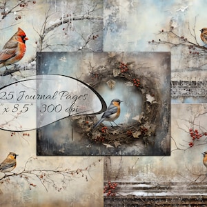 25 digitale dagboekpapieren met grunge wintervogels. Junk Journal-lay-out, inclusief gratis logboekkaarten - Vintage kerstcadeaupapier -