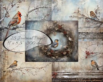 May include: 25 digital journal pages featuring wintery scenes with birds and berries. The pages are 11 inches by 8.5 inches and 300 dpi.