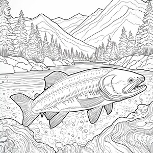May include: A black and white line drawing of a fish swimming in a river with mountains in the background.