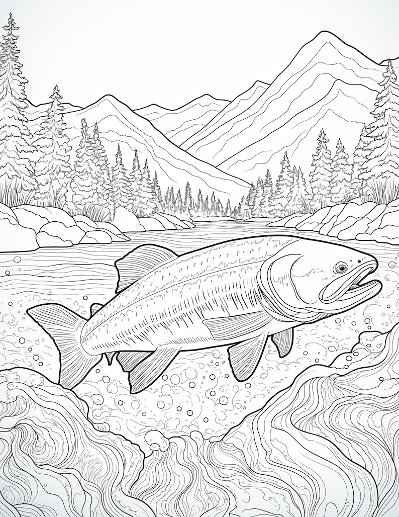 May include: A black and white line drawing of a fish swimming in a river with mountains in the background.