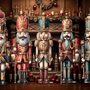 K&ouml;nnte beinhalten: F&uuml;nf detailliert gestaltete Nussknackerfiguren stehen in einer Reihe vor einem festlichen Hintergrund. Jeder Nussknacker ist in einer anderen farbenfrohen Uniform gekleidet, mit goldenen Akzenten und filigranen Details. Die Nussknacker sind vor einem mit Weihnachtsornamenten und Gr&uuml;n geschm&uuml;ckten Kamin angeordnet.