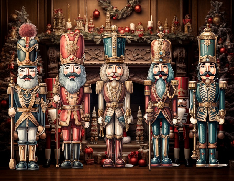 K&ouml;nnte beinhalten: F&uuml;nf detailliert gestaltete Nussknackerfiguren stehen in einer Reihe vor einem festlichen Hintergrund. Jeder Nussknacker ist in einer anderen farbenfrohen Uniform gekleidet, mit goldenen Akzenten und filigranen Details. Die Nussknacker sind vor einem mit Weihnachtsornamenten und Gr&uuml;n geschm&uuml;ckten Kamin angeordnet.