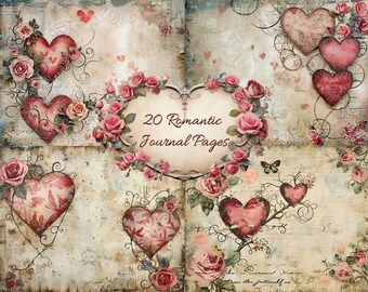May include: A collage of 20 romantic journal pages featuring vintage-inspired hearts, roses, and swirls. The pages are perfect for scrapbooking, journaling, or crafting.