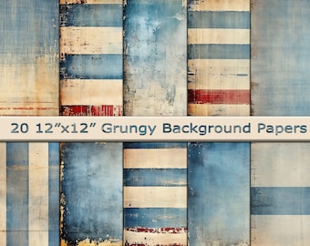May include: Twenty 12x12 inch digital paper backgrounds with a distressed, vintage look. The papers feature a blue, white, and red striped pattern.
