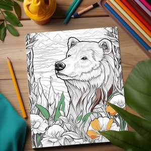 May include: A black and white line drawing of a bear's head with a detailed floral background. The bear is looking to the left and has a thick coat of fur. The flowers are in bloom and have intricate details.