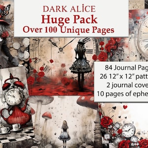 Dark Alice Wonderland Junk Journal Kit, 120 Page Digital Download, Vintage Gothic Printable Scrapbooking, Ephemera Pack,Fantasy Craft Papers