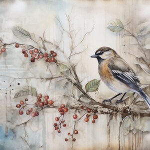 May include: A watercolour painting of a small bird perched on a branch with red berries. The background is a soft, muted grey with hints of blue and brown.