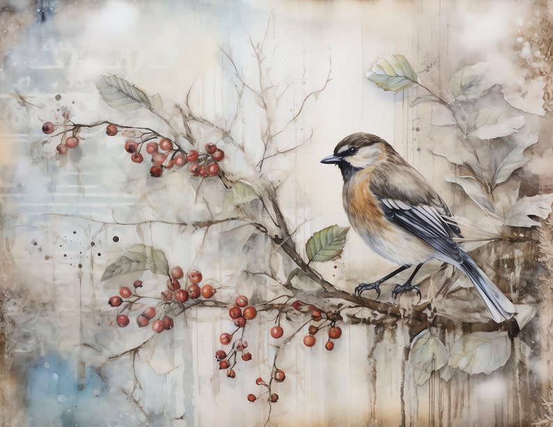 May include: A watercolour painting of a small bird perched on a branch with red berries. The background is a soft, muted grey with hints of blue and brown.