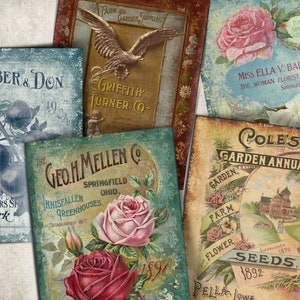 Puede incluir: Paquetes de semillas vintage con ilustraciones florales y texto. Los paquetes son para Weeber & Don, Griffith Turner Co., Geo. H. Mellen Co., Miss Ella V. Baines y Pole's Garden Annual.