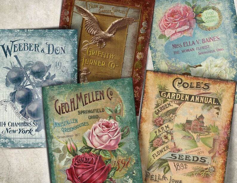 Puede incluir: Paquetes de semillas vintage con ilustraciones florales y texto. Los paquetes son para Weeber & Don, Griffith Turner Co., Geo. H. Mellen Co., Miss Ella V. Baines y Pole's Garden Annual.