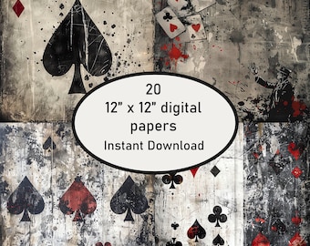 Poker Junk Journal Paper - Distressed Card Suits, Tags (Digital Download)
