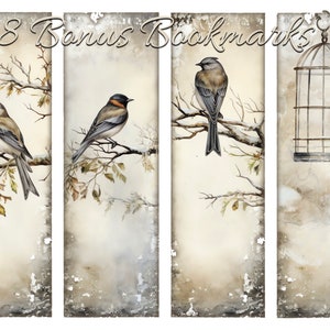 May include: Set of eight printable bookmarks featuring a vintage aesthetic with birds and a birdcage. The bookmarks have a distressed, aged paper background with a watercolour effect.