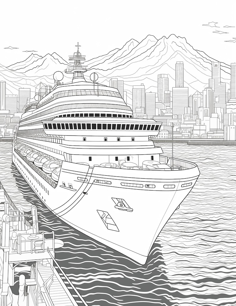 May include: A black and white line drawing of a large cruise ship docked at a port. The ship is facing the viewer and has a large, rounded bow. The ship is docked at a pier with a city skyline in the background. The city skyline includes tall buildings and mountains.