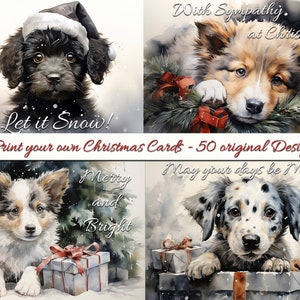 印刷可能な犬のクリスマス カード 50 枚 - すべてオリジナル アートワーク - かわいい冬の子犬 - クリスマス ジャンク ジャーナル - 印刷可能なグリーティング カード、ポストカード
