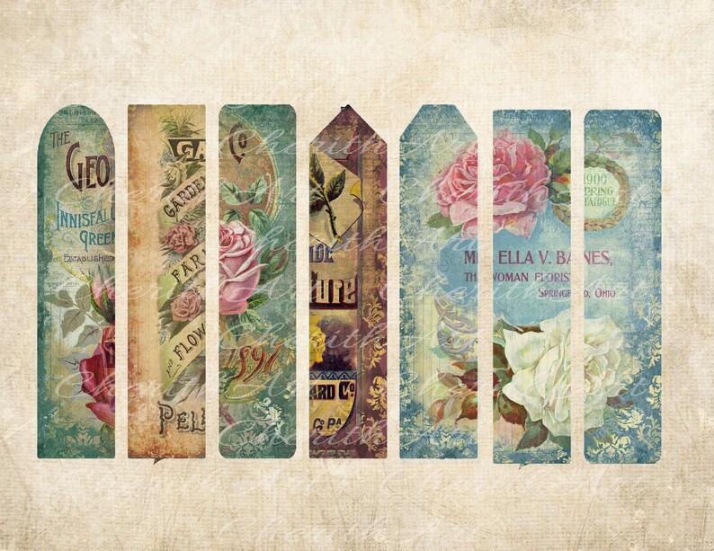 Puede incluir: Marcadores de libros vintage con dise&ntilde;o floral y texto que incluye "Geo Innisfal Green", "Garden Farm Flowers", "Mella V. Barnes, The Woman Florist, Springeld, Ohio", y "1900 Bring Tagline".