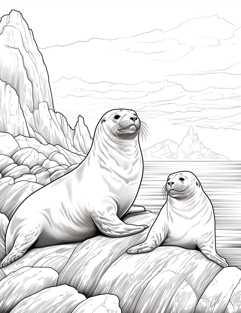 May include: A black and white line drawing of two seals resting on a rocky shore. The larger seal is looking up at the sky, while the smaller seal is looking at the viewer. The background shows a rocky coastline and a mountainous landscape.