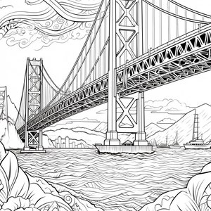 May include: A black and white line drawing of the Golden Gate Bridge in San Francisco, California. The bridge is drawn in detail, with the suspension cables, towers, and roadway all clearly visible. The bridge is set against a backdrop of a city skyline and a body of water.