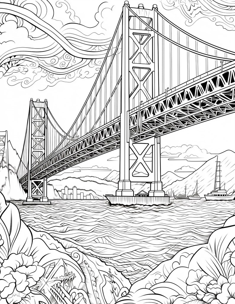 May include: A black and white line drawing of the Golden Gate Bridge in San Francisco, California. The bridge is drawn in detail, with the suspension cables, towers, and roadway all clearly visible. The bridge is set against a backdrop of a city skyline and a body of water.