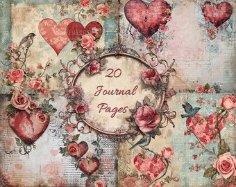 May include: A collage of 20 digital journal pages featuring vintage-inspired designs with hearts, roses, and birds. The pages are in shades of pink, red, blue, and green with a distressed, aged look.