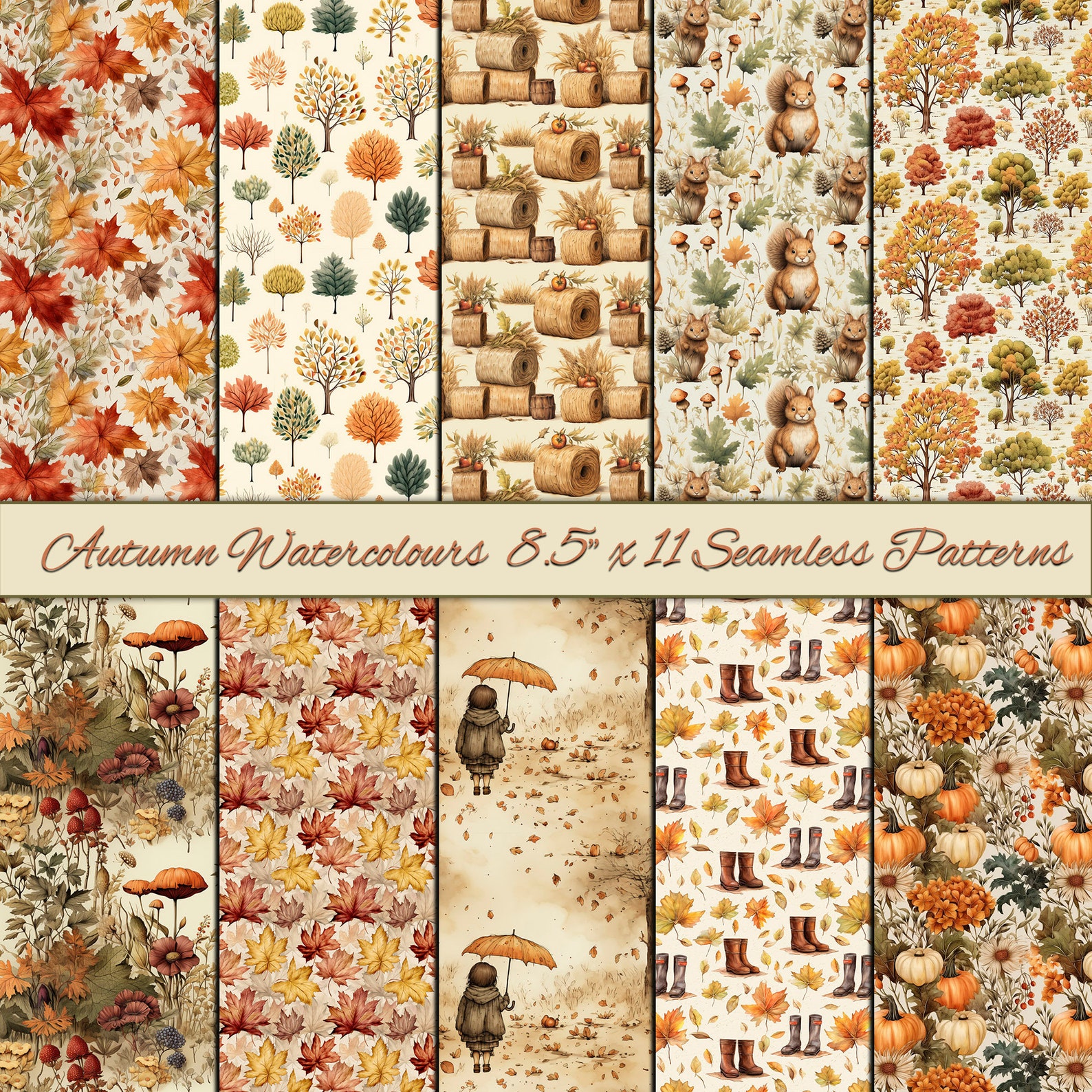 Reperting Pattern Fall Autumn Watercolour Seamless Patterns - Fall Digital Paper- Repeating ...