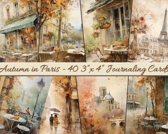 May include: A collection of 40 journaling cards, each 3" x 4", featuring watercolor paintings of Parisian scenes in autumn. The images depict cafes, streets, and landmarks like the Eiffel Tower, with warm, autumnal colors.
